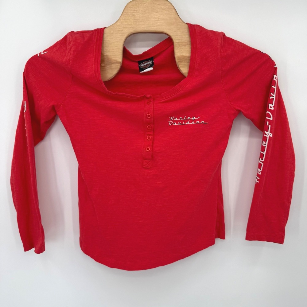 Harley Davidson Henley Top Womens Medium Red NYC Graphic Long Sleeve Biker Slub